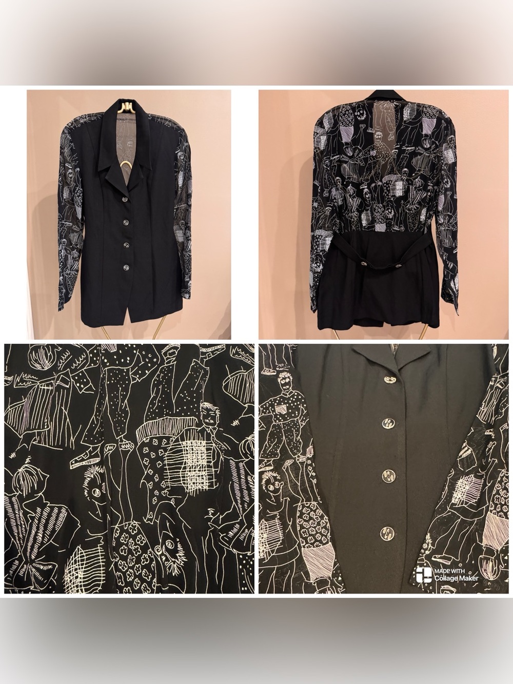 Vintage 80s Menu blazer sheer sleeves/ back panels with -drawn-style figures